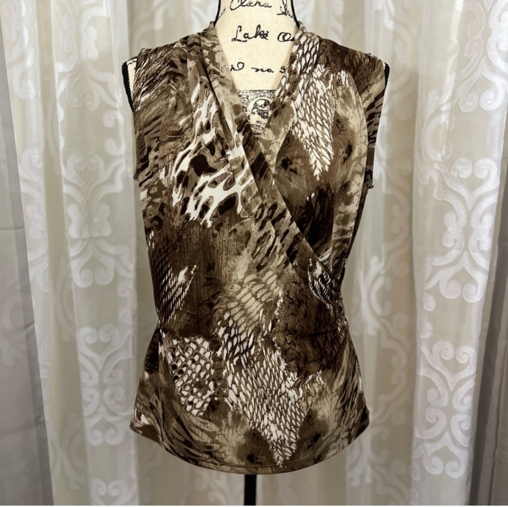 Evan-Pioneer Brown Abstract Snakeskin sleeveless faux wrap blouse